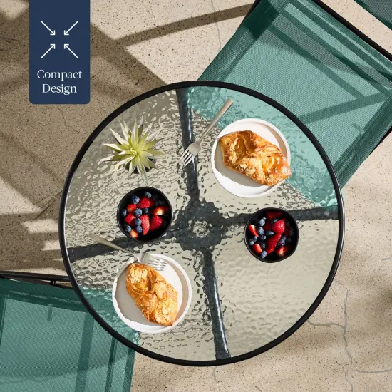 Best Choice Products 3-Piece Patio Bistro Dining Furniture Set w/ Round Textured Glass Tabletop, Folding Chairs Dark Green {5}