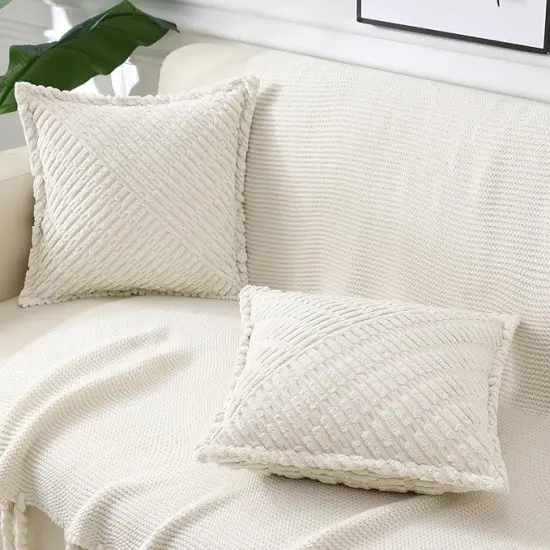 Decorative Cream White Throw Pillow Covers 18x18 Set of 2 with Splicing, Boho Soft Corduroy Broadside Twill Spring Pillow Covers for Couch Bed Sofa Living Room {4}
