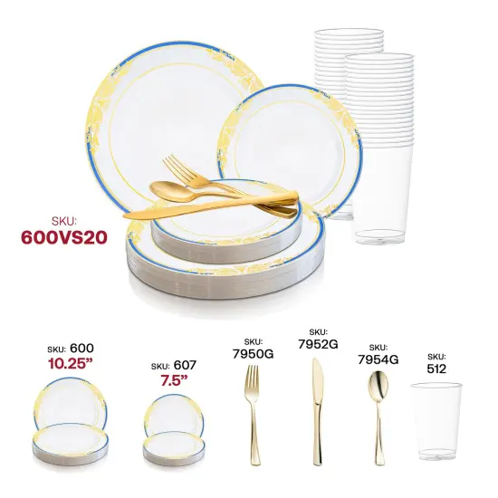White with Blue and Gold Harmony Rim Plastic Wedding Value Set (120 Settings) {5}