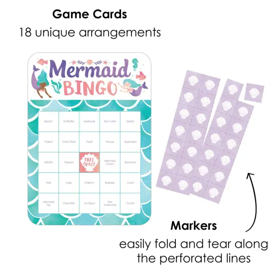 Big Dot of Happiness Mermaid Bingo Cards and Markers, Mermaid Birthday Party Bingo Game Activity for Kids - Set of 18 {4}