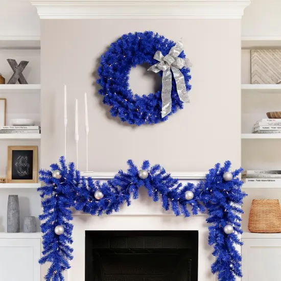 Northlight Pre-Lit Artificial Pine Christmas Wreath - 24" - Royal Blue - Clear Lights {4}