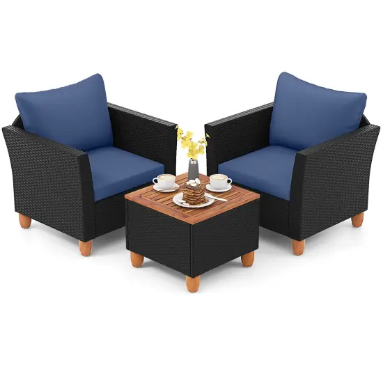 Costway 3PCS Patio Rattan Furniture Set Cushioned Sofa Storage Table with Wood Top Red/Black {8}