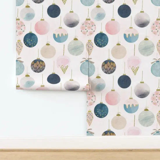 Peel & Stick Wallpaper 2FT Wide Modern Christmas Ornaments Blush Pink Denim Blue Feminine Custom Removable Wallpaper by Spoonflower {2}