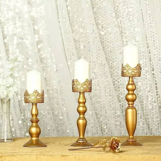 3 pcs Gold Metal Lacy Trim Glass Candle Holders Party Centerpieces {4}