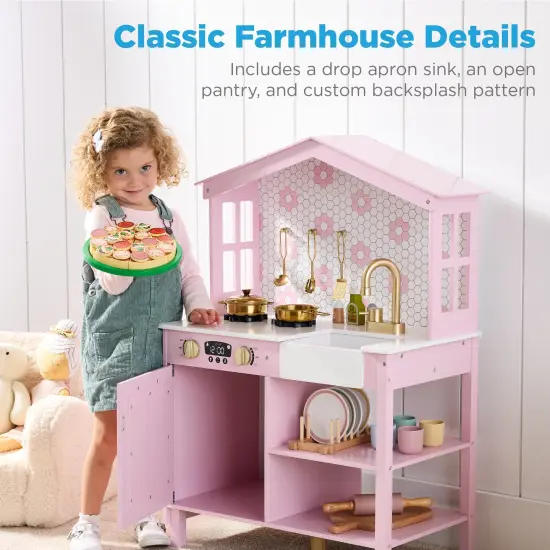 Best Choice Products Farmhouse Play Kitchen Toy for Kids w/ Chalkboard, Storage Shelves, 5 Accessories Rose {2}
