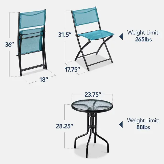 Best Choice Products 3-Piece Patio Bistro Dining Furniture Set w/ Round Textured Glass Tabletop, Folding Chairs Peacock {2}