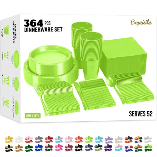 Exquisite 350 Pcs Plastic Plates for Party &ndash; Disposable Plates Set &ndash; 50 Each of 9" Dinner Plates, 7" Dessert Plates, Plastic Cups, Napkins & Plastic Cutlery &ndash; Plastic Dinnerware by Party Solids Lime {1}