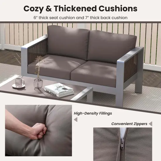 Costway Patio Aluminum Loveseat Sofa Outdoor Furniture Set with Thick Back & Seat Cushions Grey {6}