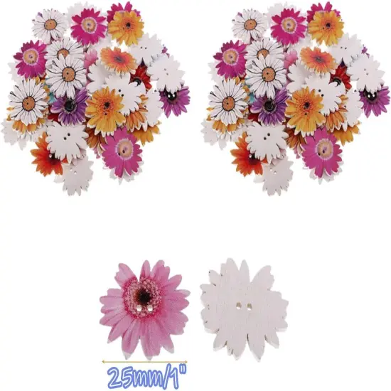 100 Pieces 1inch Flower Shaped Wood Buttons Daisy Sunflower 2 Holes {2}