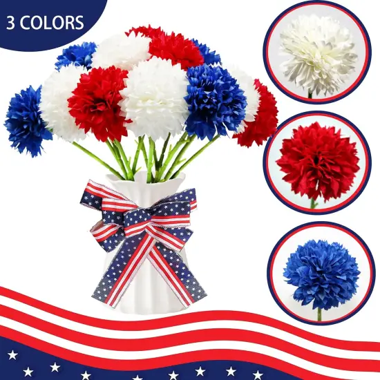 Artificial Flower Patriotic Bouquet Red White and Blue Faux Ball Chrysanthemum Centerpiece {4}
