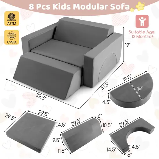 Costway Kids Modular Play Sofa 8 PCS with Detachable Cover for Playroom & Bedroom Indoor Pink/Grey {3}