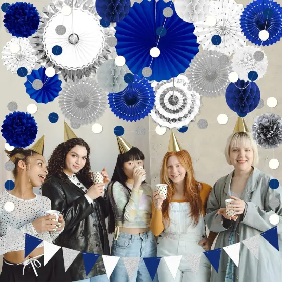 Navy Blue and Sliver Paper Fan Party Decoration {4}