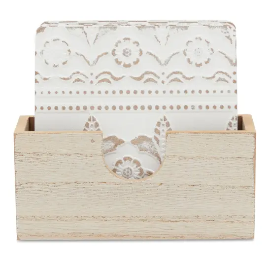 Set of 6 White Wooden Coasters with Holder for Drinks, Coffee Table, and Floral Farmhouse Decor (3.8 Inches) Brown {6}
