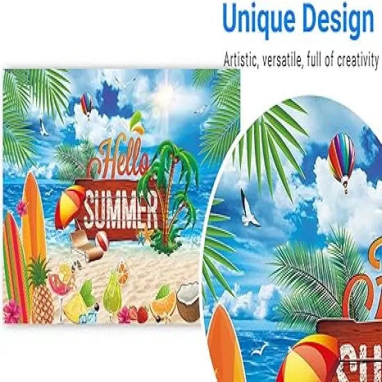 Hello Summer Beach Party Backdrop Tropical Seaside Island Pool Party Photography Background Blue Sea Sky Hawaii Sunshine Luau Themed Decorations Photo Booth Props {3}