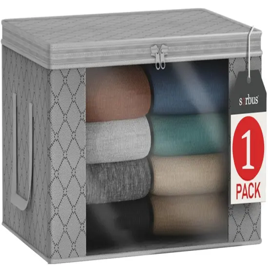 Sorbus Medium Clothes Storage Bag 1 Pack, Blanket Organizater Bin with Window, Lids, and Handles Gray {1}