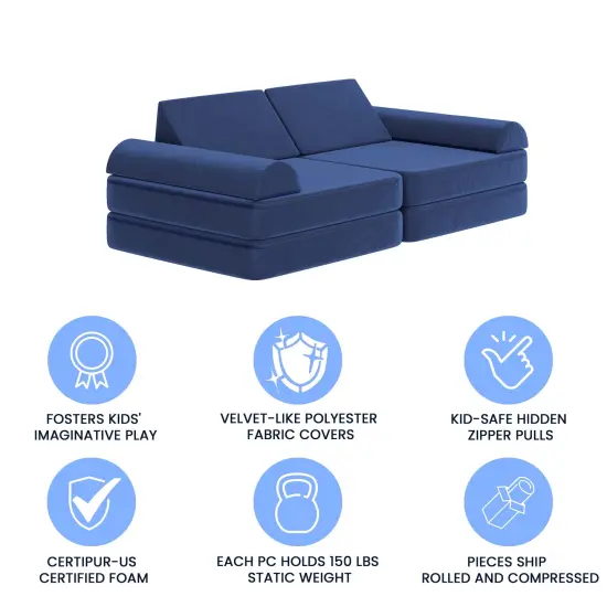 Emma and Oliver Conner Modular Play Couch for Kids with Convertible 6-Piece Design and Soft Foam Cushions Blue {4}