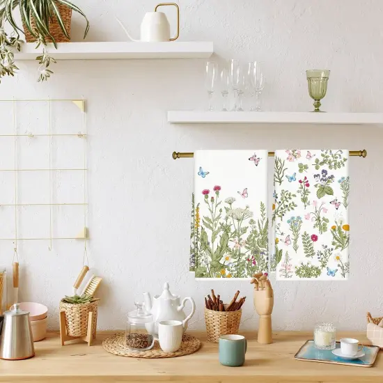 Vintage Wildflower Butterfly Kitchen Towel Green Wild Floral Dish Towel 18 x 28 Inch Hand Drying Tea Towel for Spring Cooking Baking Party Supplies, 2Pcs {5}