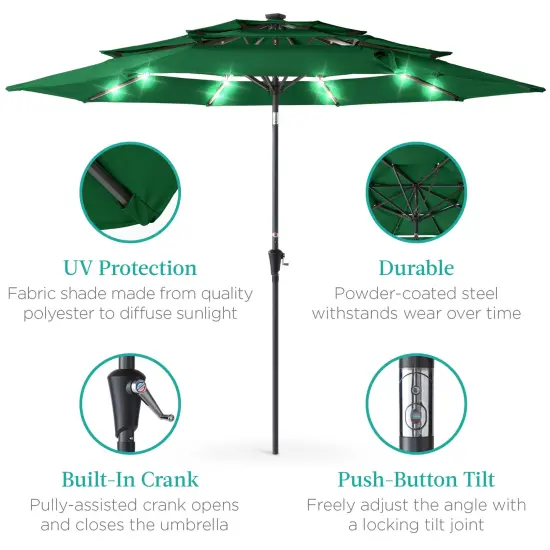 Best Choice Products 10ft 3-Tier Solar Patio Umbrella w/ 24 LED Lights, Tilt Adjustment, Easy Crank Green {5}