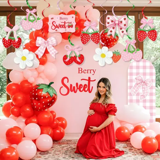 Pink Bow Strawberry Party Hanging Swirls Decorations, Berry Sweet Strawberry Theme Party Foil Ceiling Swirl for Summer {5}