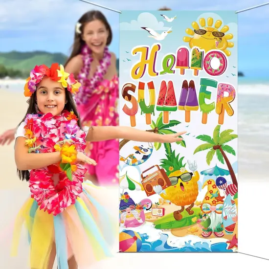 Hello Summer Door Cover Decorations 6x2.9 FT Tropical Beach Party Door Banner, Hawaiian Beach Summer Party Supplies Backdrop Banner for Tiki Beach Pool Birthday Party Indoor Outdoor {5}