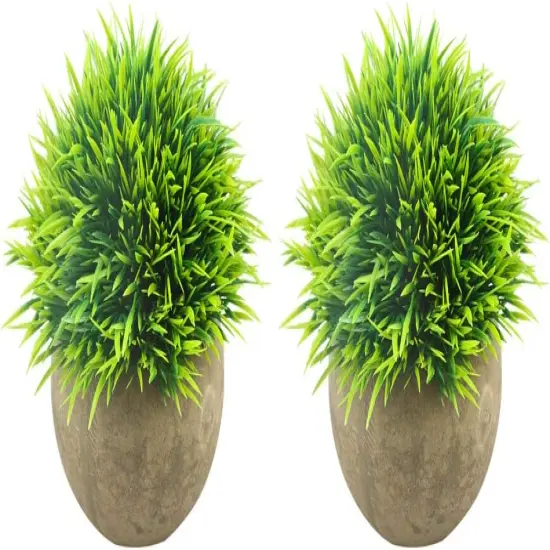 Mini Artificial Plants, Plastic Fake Green Grass Faux Greenery Topiary Shrubs with Grey Pots for Bathroom Home Office D&eacute;cor, House Decorations (2) {1}