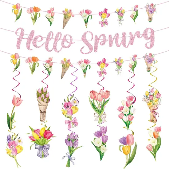 Spring Party Decorations, Hello Spring Hanging Swirls Sign Watercolor Tulip Flower Party Banner for Spring Summer Easter Baby Shower Home Office Classroom Decor {1}