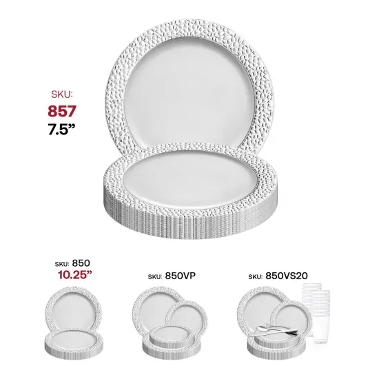 White with Silver Hammered Rim Round Plastic Appetizer/Salad Plates - 7.5" (120 Plates) {6}