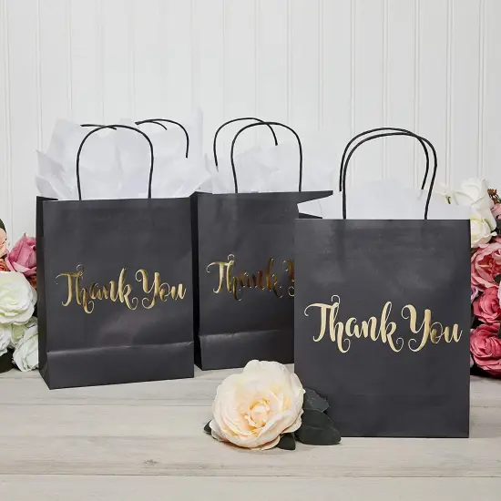 24 Pack Medium Black Thank You Party Favor Paper Goodie Gift Bags with Handles, Gold Foil {2}