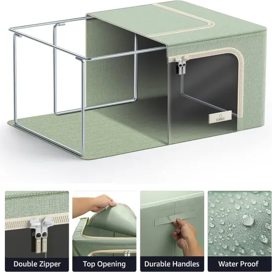 Sorbus 1 Pack Storage Bin with Metal Frame - Stackable & Foldable Bedding, Linen, and Clothes Organizer Bags with Window and Handles Teal {2}