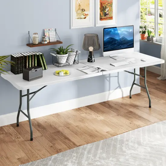 8 Feet Patio Portable Fold-in-Half Table with Robust Metal Legs and Joint Safety Lock White {2}