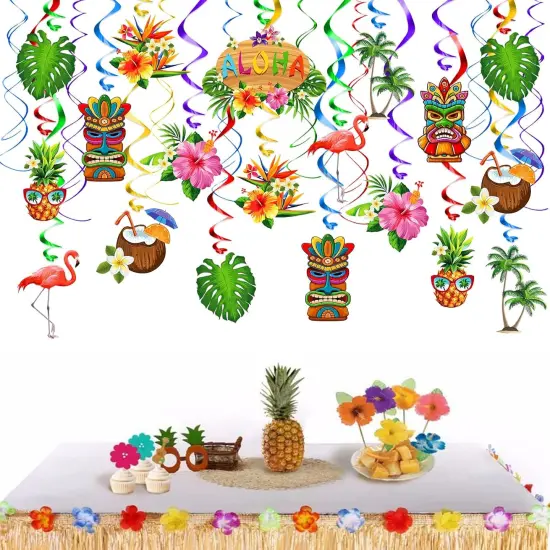 FRIDAY NIGHT 36pcs Luau Aloha Party Hanging Swirl Decorations Hawaiian Tropical Flower Palm Flamingo Sign Foil Ceiling Decor {4}
