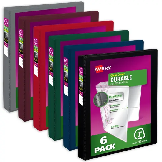 Avery Durable View 3 Ring Binders, 1 Inch Slant Rings, 250-Sheet Capacity, DuraHinge, 1.4 Inch Wide Spine, Customizable Clear Covers and Spine, Assorted Dark Colors (6-Pack of 05633) {1}