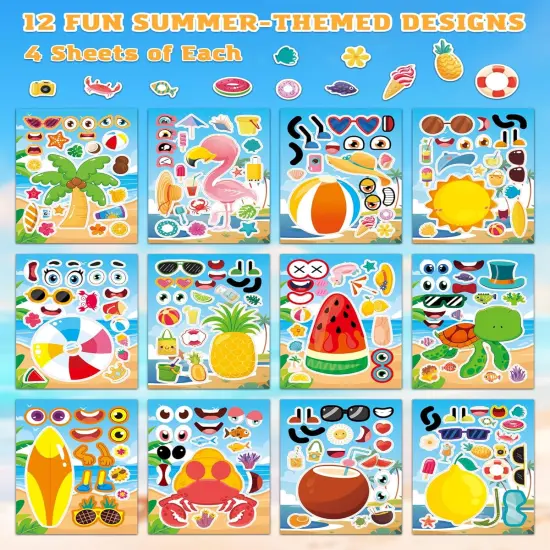 48 Sheets Summer Fun Make-a-Face Sticker Set for Kids &ndash; Create Your Own Faces with Beach, Tropical & Animal Stickers &ndash; Ideal Summer Crafts {2}