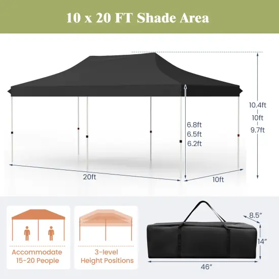 10x20 Feet Pop Up Foldable and Portable Outdoor Gazebo with Carry Bag Ideal for Party or Wedding Ceremony Black {5}