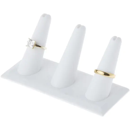 Plymor White Faux Leather Ring Finger Display, Three on Rectangular Base, 4.875" W x 2.25" D x 2" H {3}