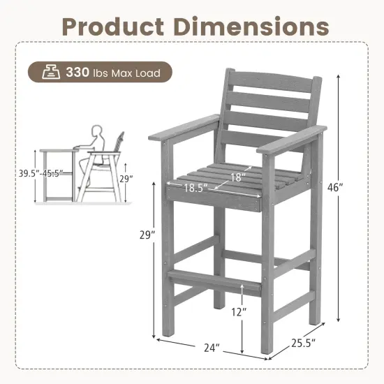 Set of 2 Patio HDPE Adirondack Bar Chairs with Wide Armrests and Inclined Backrest Perfect for Outdoor Use Grey {4}