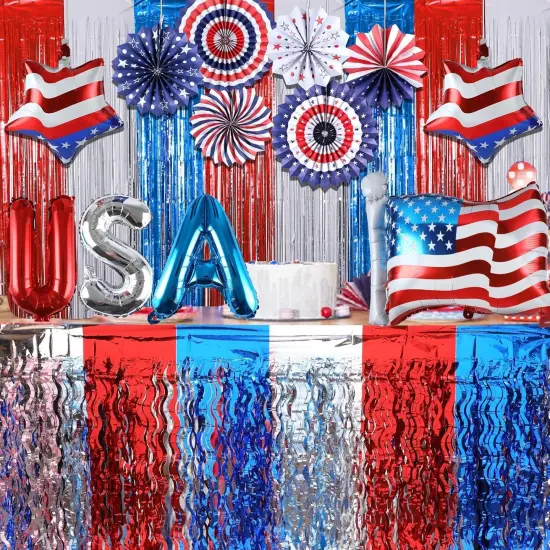 Patriotic Party Supplies Set USA Hanging Paper Fans Foil Fringe Curtains Backdrop Metallic Tinsel Table Skirt USA Flag Foil Balloon for Independence Day Party Supplies {5}