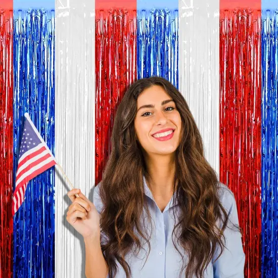 4 Pack 3.2Ft x 8.2Ft Independence Day Foil Fringe Curtain Backdrop, Red Blue White Metallic Tinsel Foil Fringe Streamers Curtains Background for Photo Booth, Birthday, Wedding, Party Decoration {5}