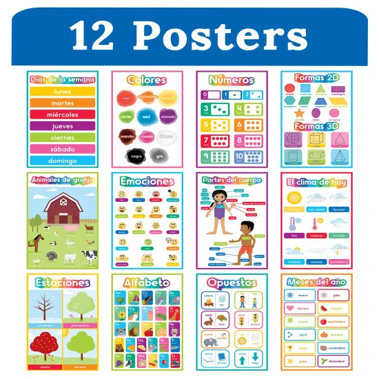Carson Dellosa 16-Piece Spanish Early Learning Posters, 11" x 17" Colors, Numbers, Alphabet, Shapes, Sight Words Wall Art, ESL Preschool and Kindergarten Classroom Decor and Teacher Supplies {2}