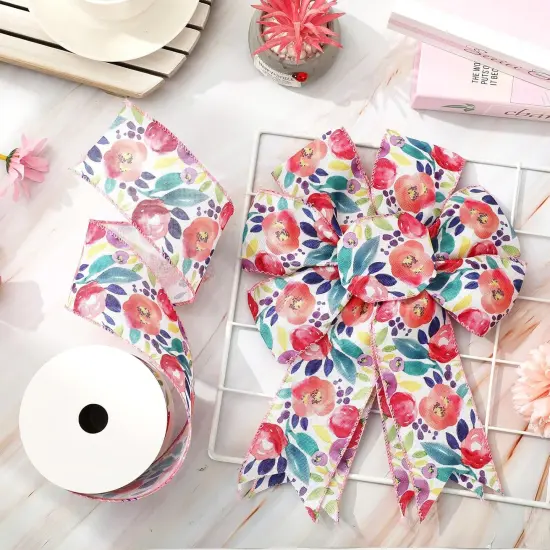 Floral Wired Edge Ribbon Spring Summer Watercolor Flower Ribbon for Bow Wreath Craft Gift Wrap Wedding Birthday Party Home Decor 2.5 Inch {3}