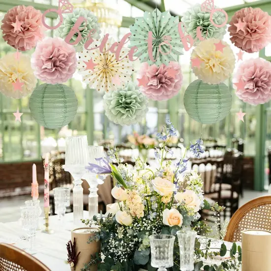 Sage Green and Dusty Pink Bachelorette Party Decorations Bridal Shower Decorations Bride to Be Banner Sage Green Dusty Pink Paper Pom Poms Paper Star Garland Engagement Wedding Shower Party Decor {4}
