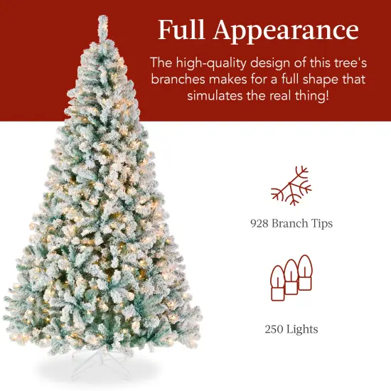 Best Choice Products Pre-Lit Sage Green Christmas Pine Tree w/ Flocked Branches, Warm-White Lights {5}