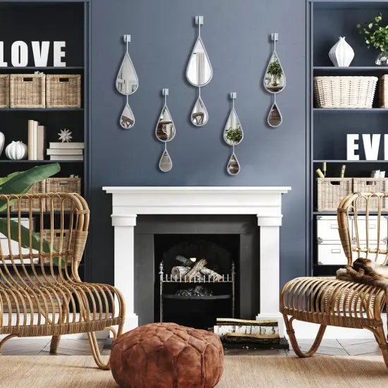 Wall Mirror Silver Decor Tear Drop Shape Metal Frame {2}