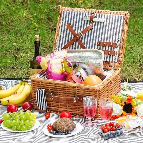 Wicker Picnic Basket for 2, Willow Hamper Basket with Large Insulated Cooler Compartment, Picnic Sets with Waterproof Picnic Blanket, Picnic Basket with 2 Person Kit for Camping, Hiking(Grey) {3}