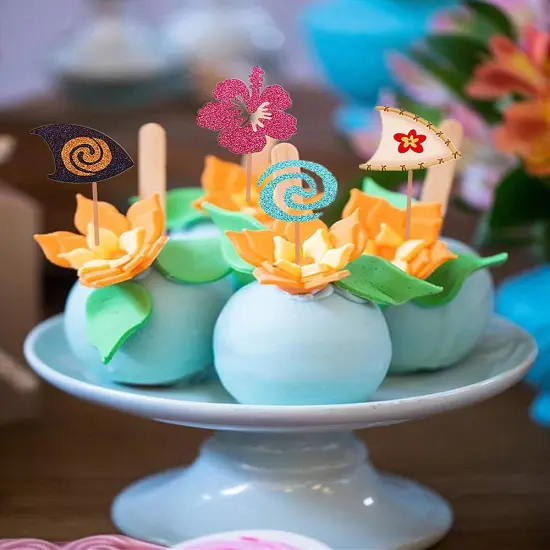 30 Pcs Glittery Moana Inspired Cupcake Toppers Moana Cake Toppers Hawaiian Birthday Party Decoration for Tropical Luau Summer Party Baby Shower Wedding {4}