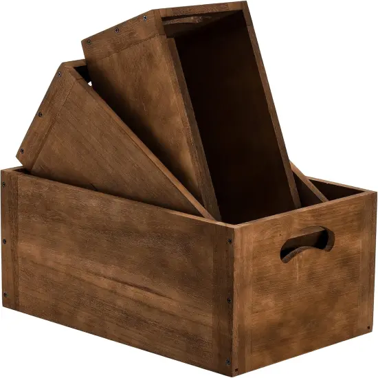 Set of 3 Nesting Wooden Crates, Wood Crate Box with Handle, Rustic Brown Decorative Wood Storage Crates Container, Stackable Cube Basket Bins Organizer for Home, Office, Closet, Shelf {2}