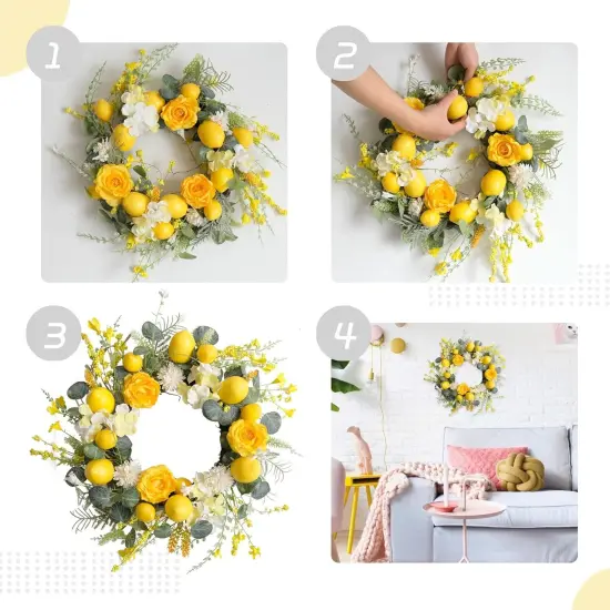 Summer 18 Inch Yellow Lemon Roses Wreath for Front Door, Eucalyptus Leaves with Hydrangea and Forsythia Flowers, Rustic Farmhouse Indoor and Outdoor Door Wreath for Home Decor {4}