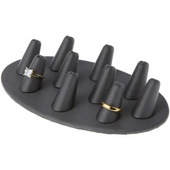 Plymor Gray Faux Leather Ring Finger Display, Ten on Oval Base, 7.5" W x 4.5" D x 1" H {3}