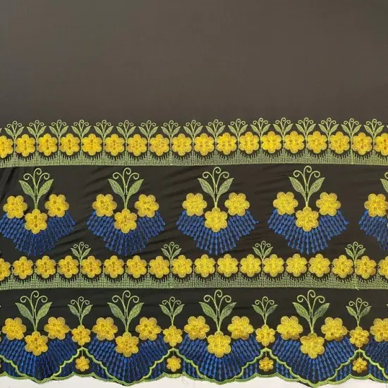 1 Yard Hibiscus Double Border Embroidered Fabric, 100% Polyester, 56 Inches Width {5}