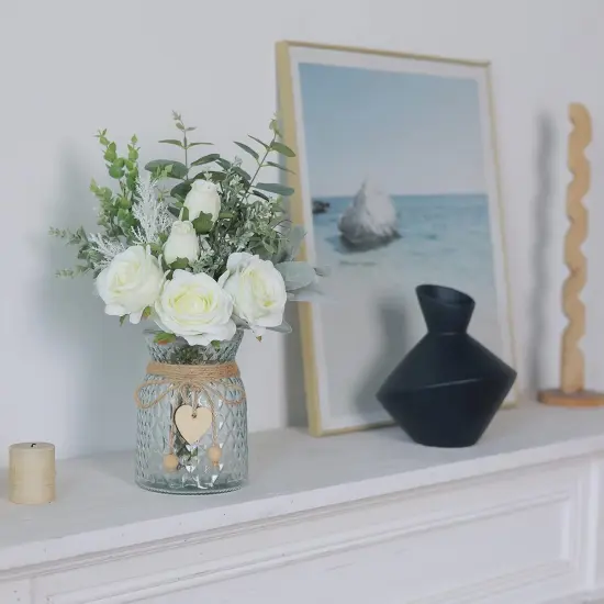 Faux Flowers with Vase,Artificial Silk Roses in Vase, Fake Plant Eucalyptus Flower Arrangement {3}